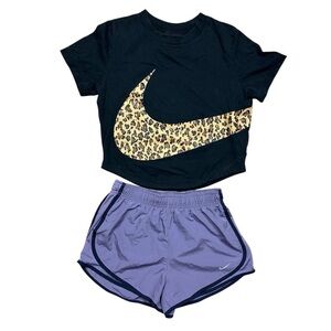 Nike Women's Leopard Print Crop Top & Shorts Set Size S Activewear